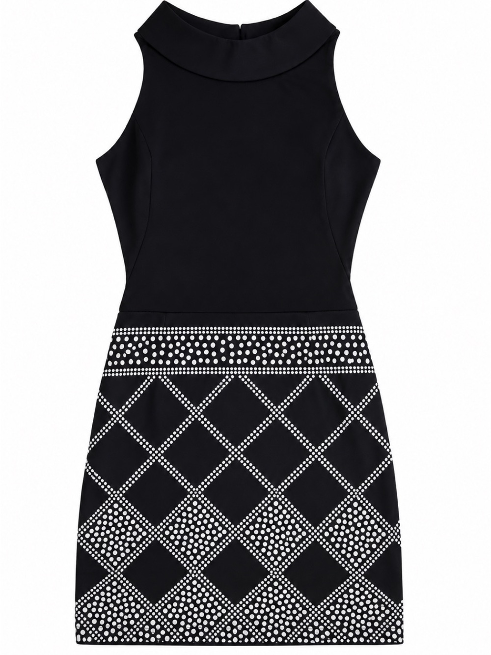 Black Sleeveless Mini Dress with Studded Geometric Skirt